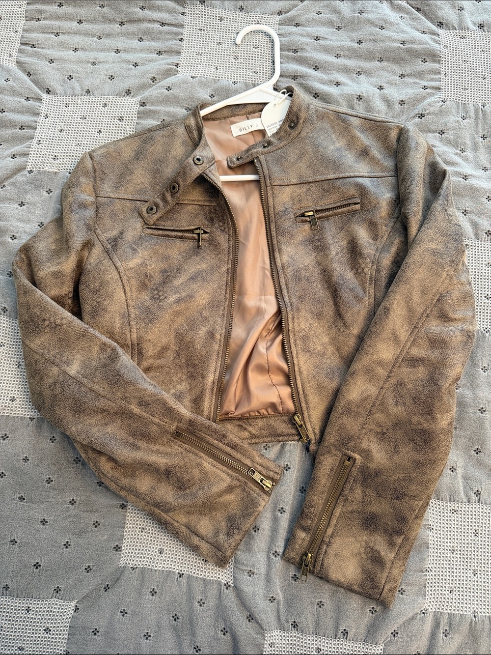 BILLY JOE Distressed Brown Faux-Leather Bomber Jacket
